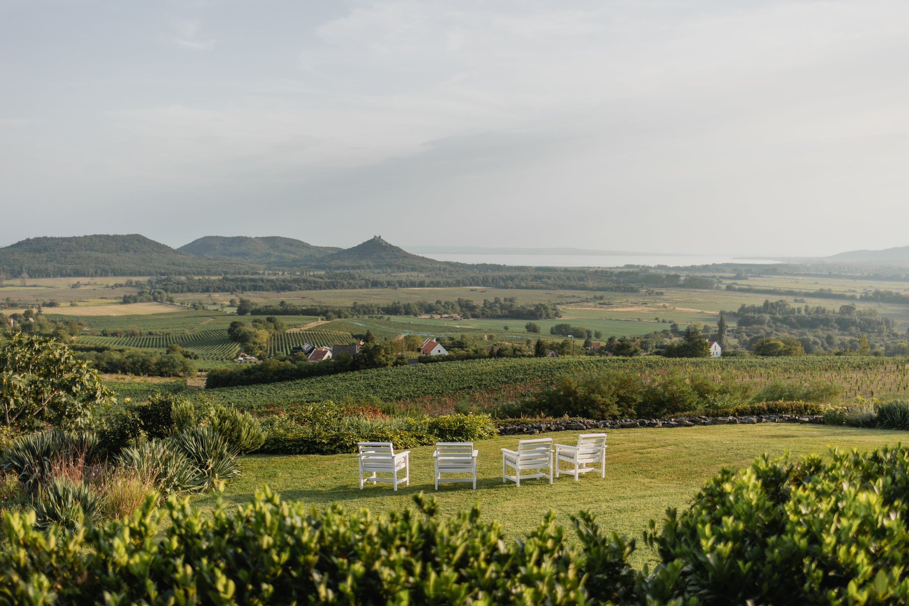 Panoramic view of landscape from Gilvesy, Balaton, and Mount Saint George, Hungary.